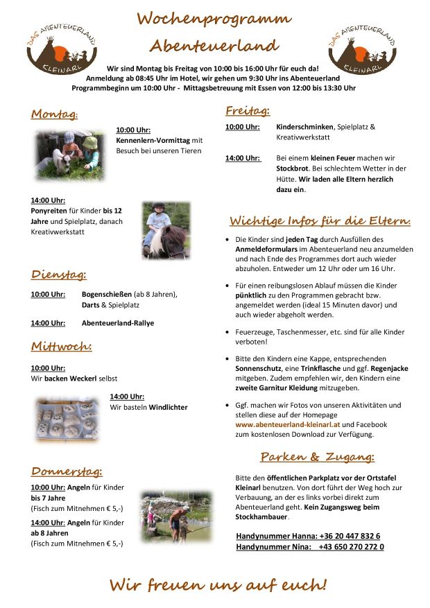 Wochenprogramm Abenteuerland Kleinarl